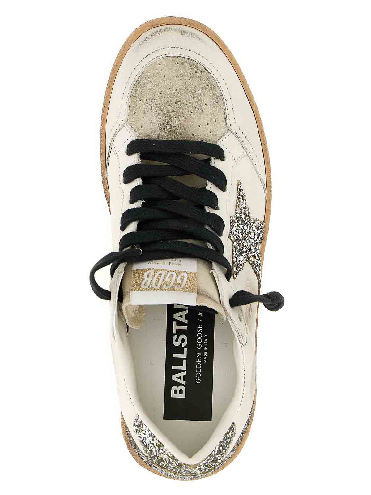 Golden Goose Ballstar White Low Top Sneakers With Glittered Star Patch On The Side And Glittered Heel With Logo L In Multi