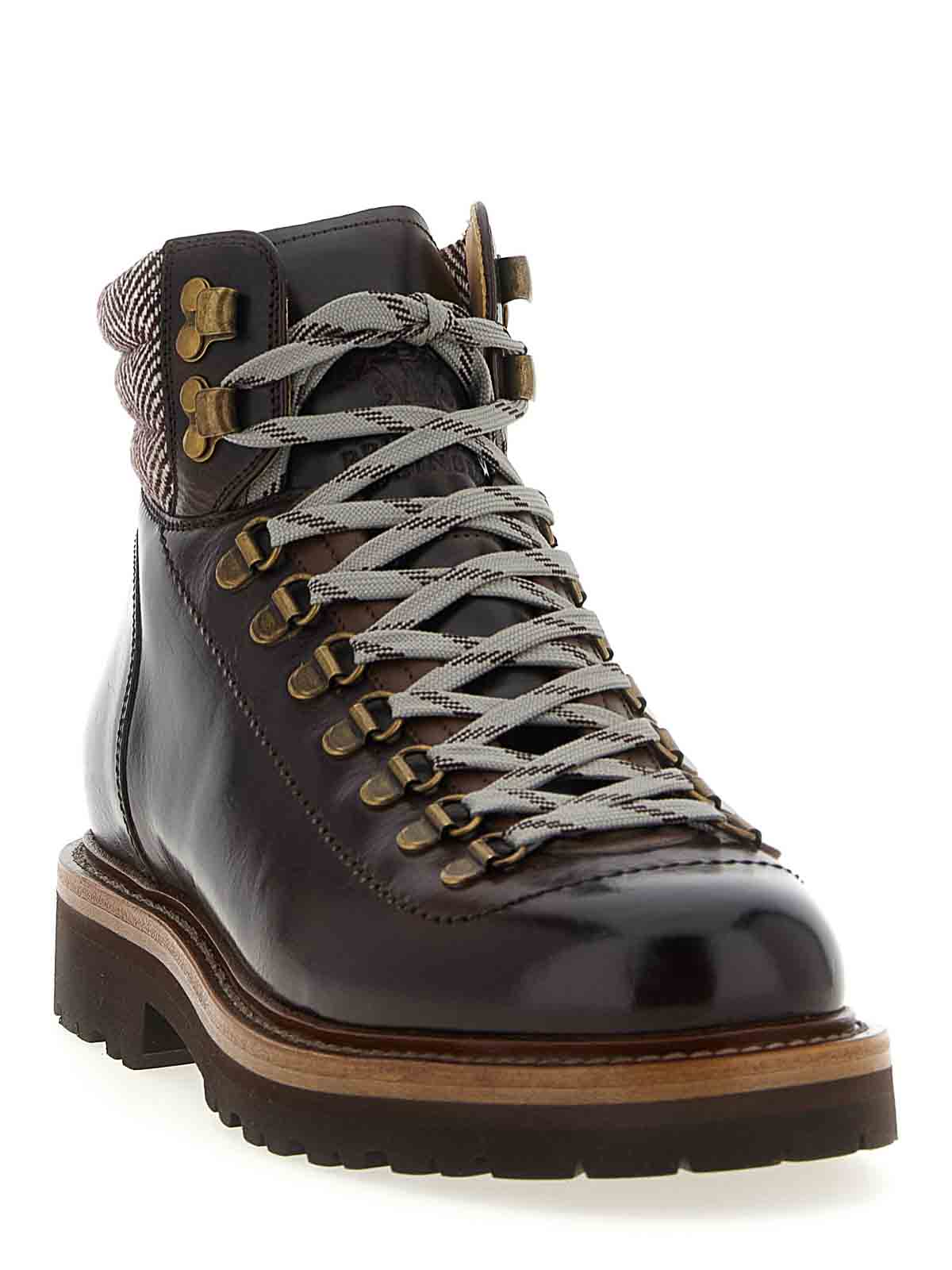 Brunello Cucinelli Wool And Cashmere-blend Trimmed Glossed-leather Boots In Brown