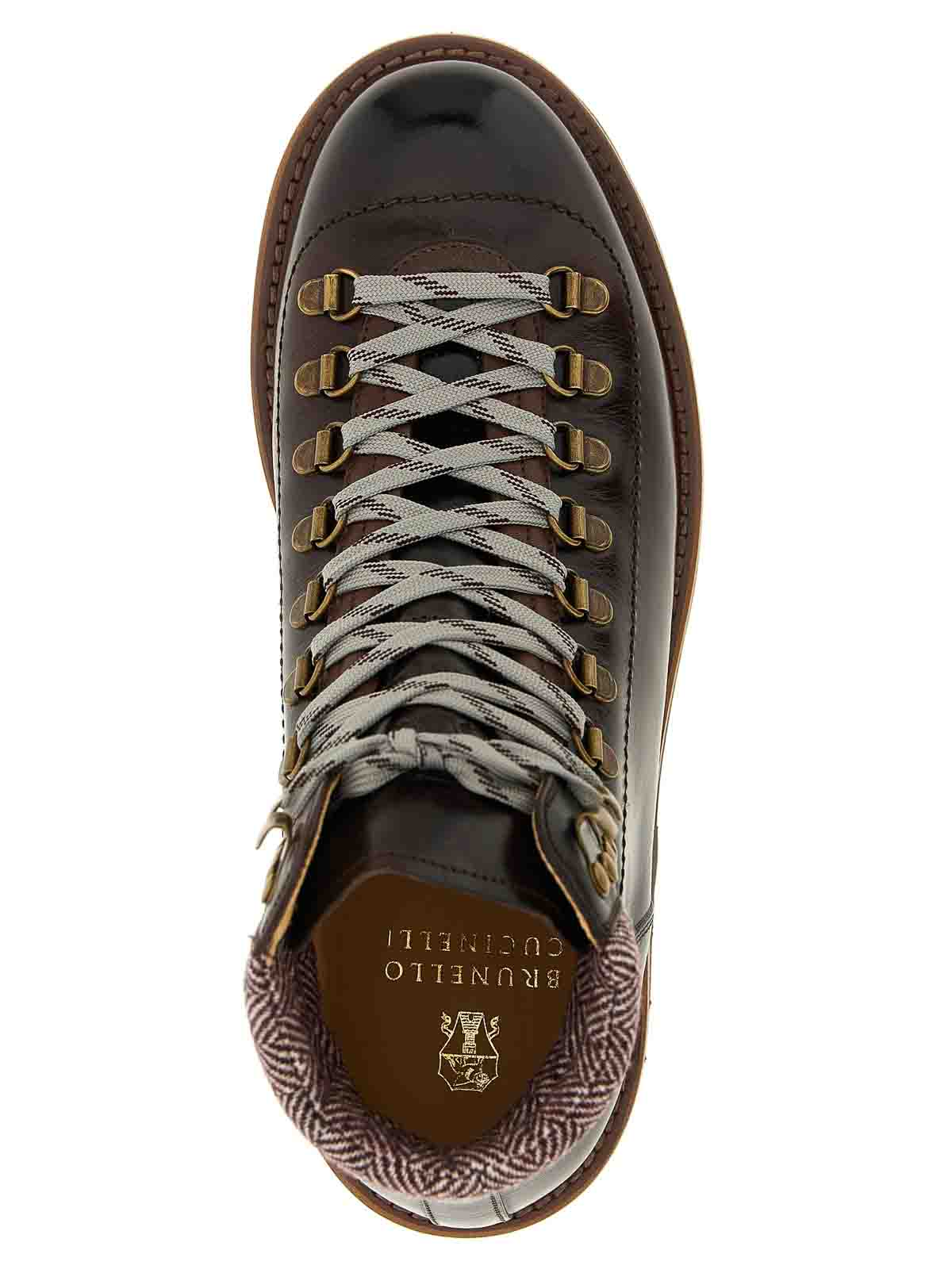 Brunello Cucinelli Wool And Cashmere-blend Trimmed Glossed-leather Boots In Brown