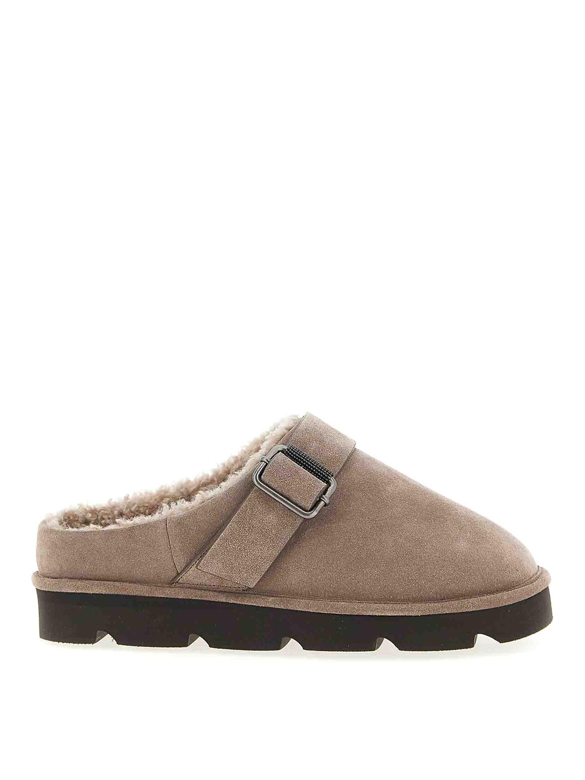 Brunello Cucinelli Shiny Detail Shearling-lined Suede Mules In Multi