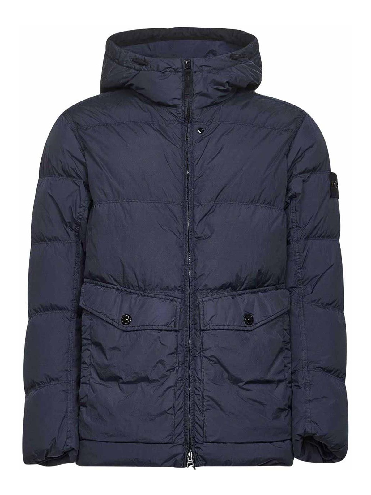 Stone Island Blue Down Jacket With Drawstring Hood And Logo Patch On The Sleeve In Tech Fabric Man In Blue