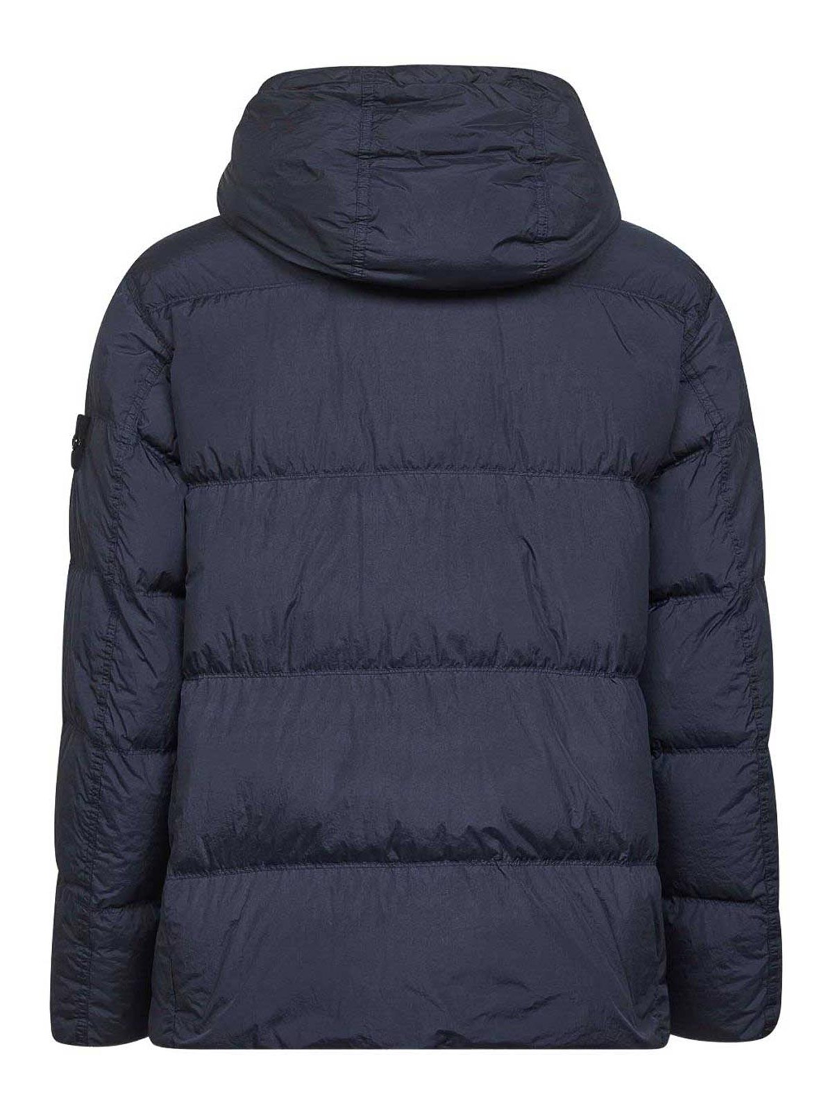 Stone Island Blue Down Jacket With Drawstring Hood And Logo Patch On The Sleeve In Tech Fabric Man In Blue