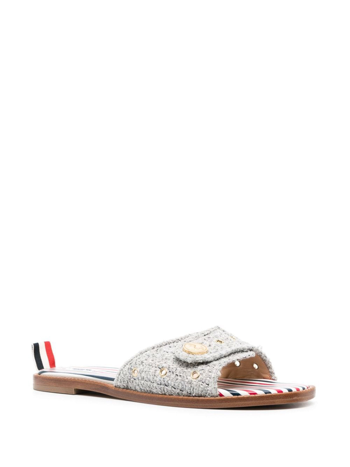 Thom Browne Embossed-button Tweed Flat Sandals In Gray