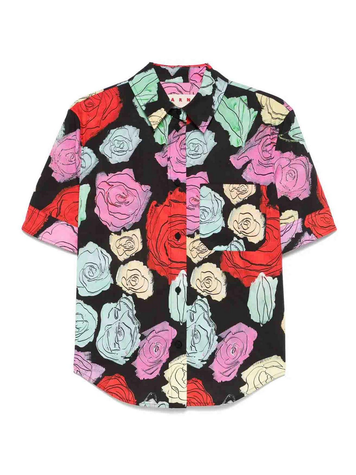Marni Rose Scribble-print Short-sleeve Collared Shirt In Multi