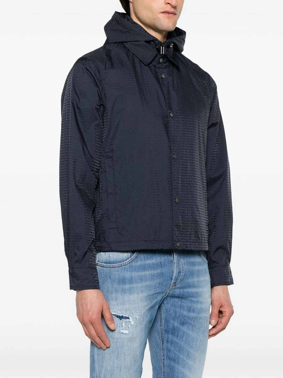 Emporio Armani Men's Blouson With Internal Nylon Bib Jacquard All-over Lettering In Blue