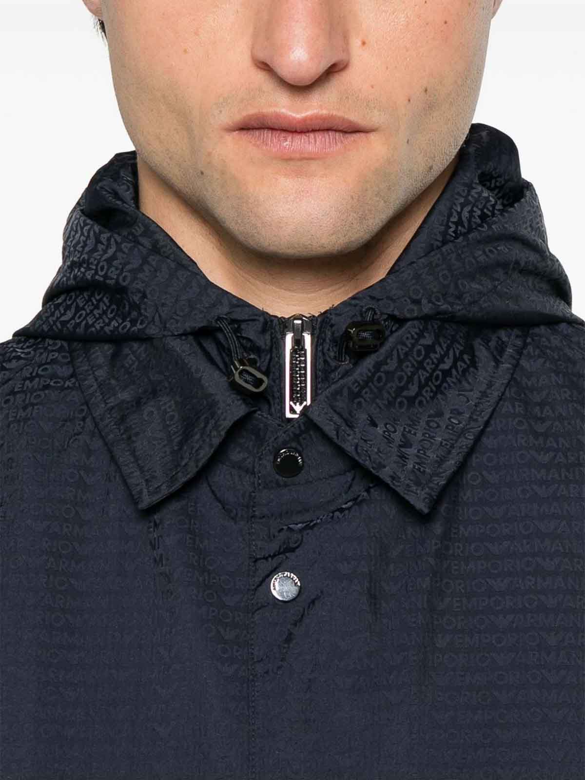 Emporio Armani Men's Blouson With Internal Nylon Bib Jacquard All-over Lettering In Blue