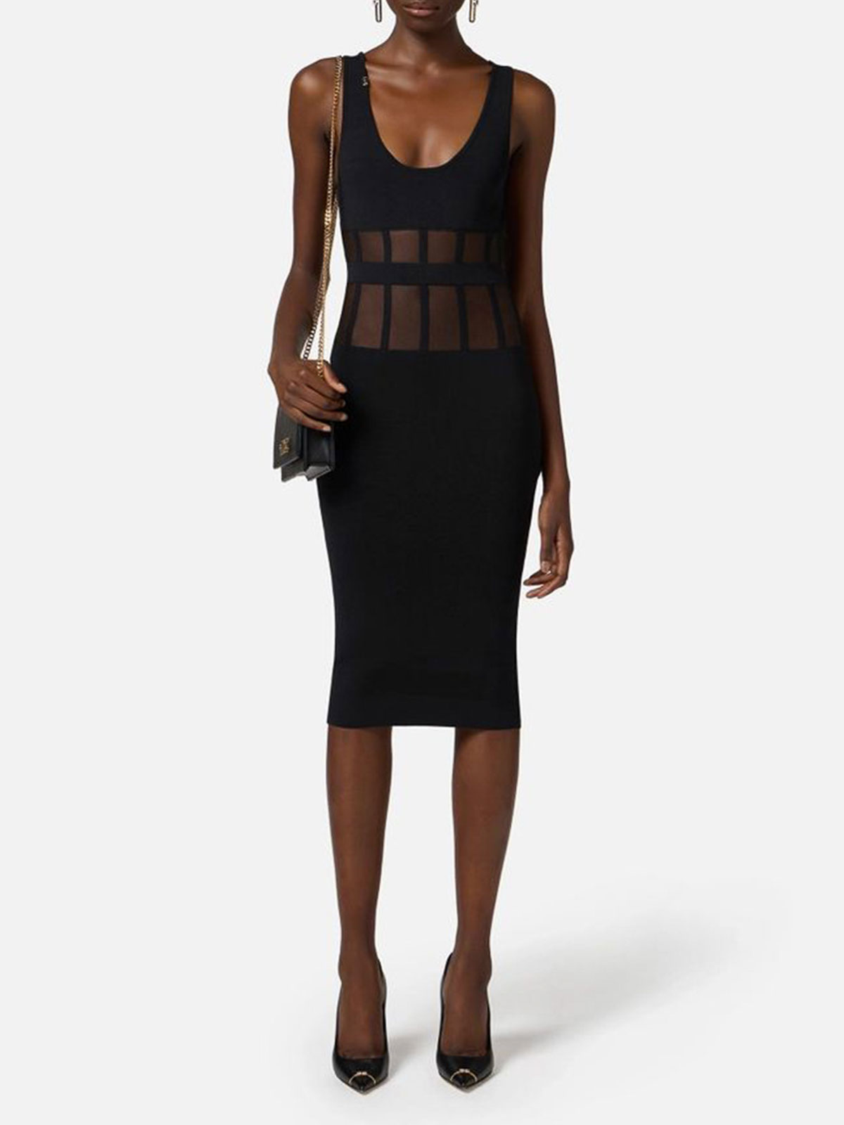 Elisabetta Franchi Sleeveless Midi Dress Sheer Paneling In Black