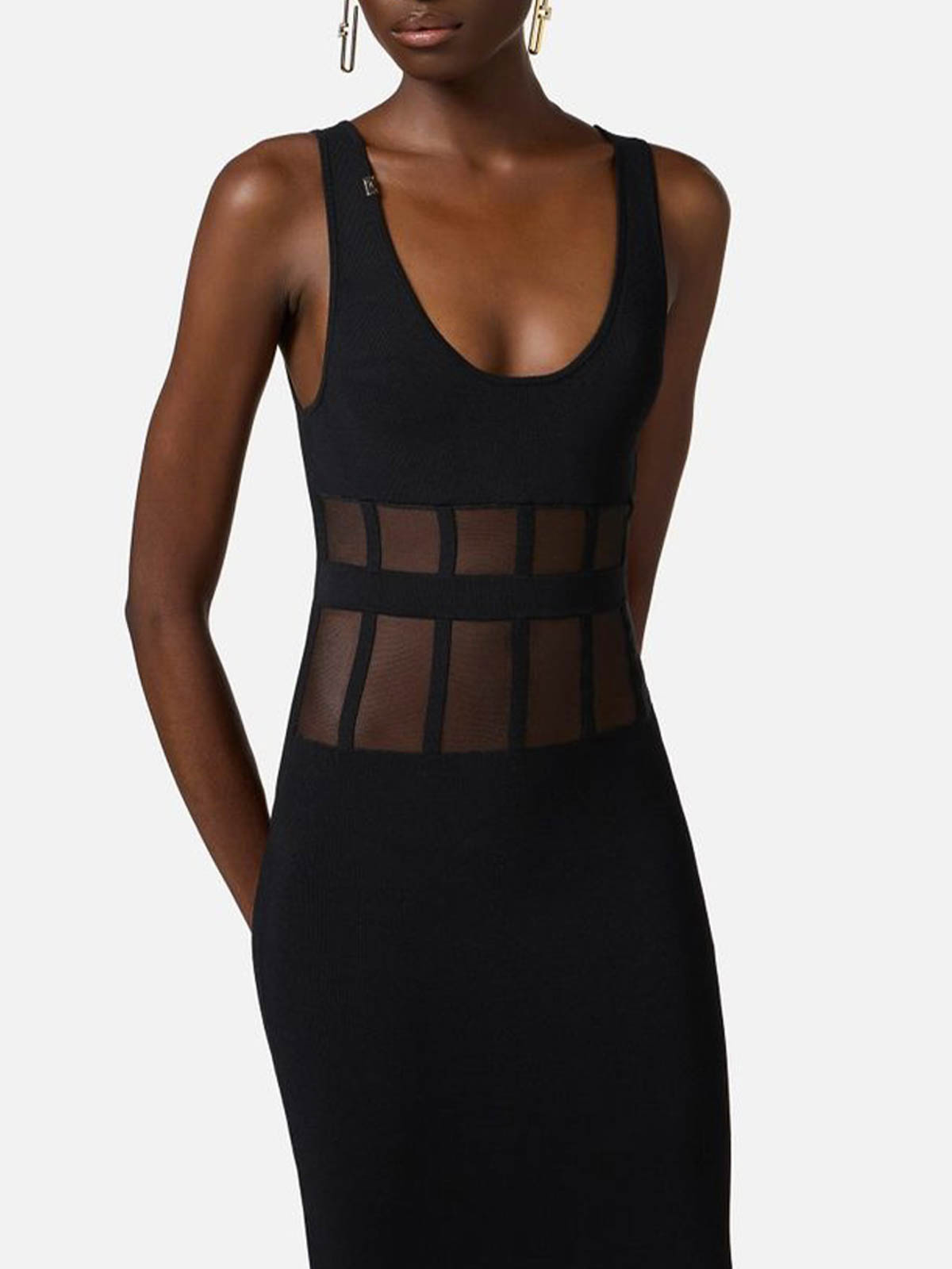 Elisabetta Franchi Sleeveless Midi Dress Sheer Paneling In Black