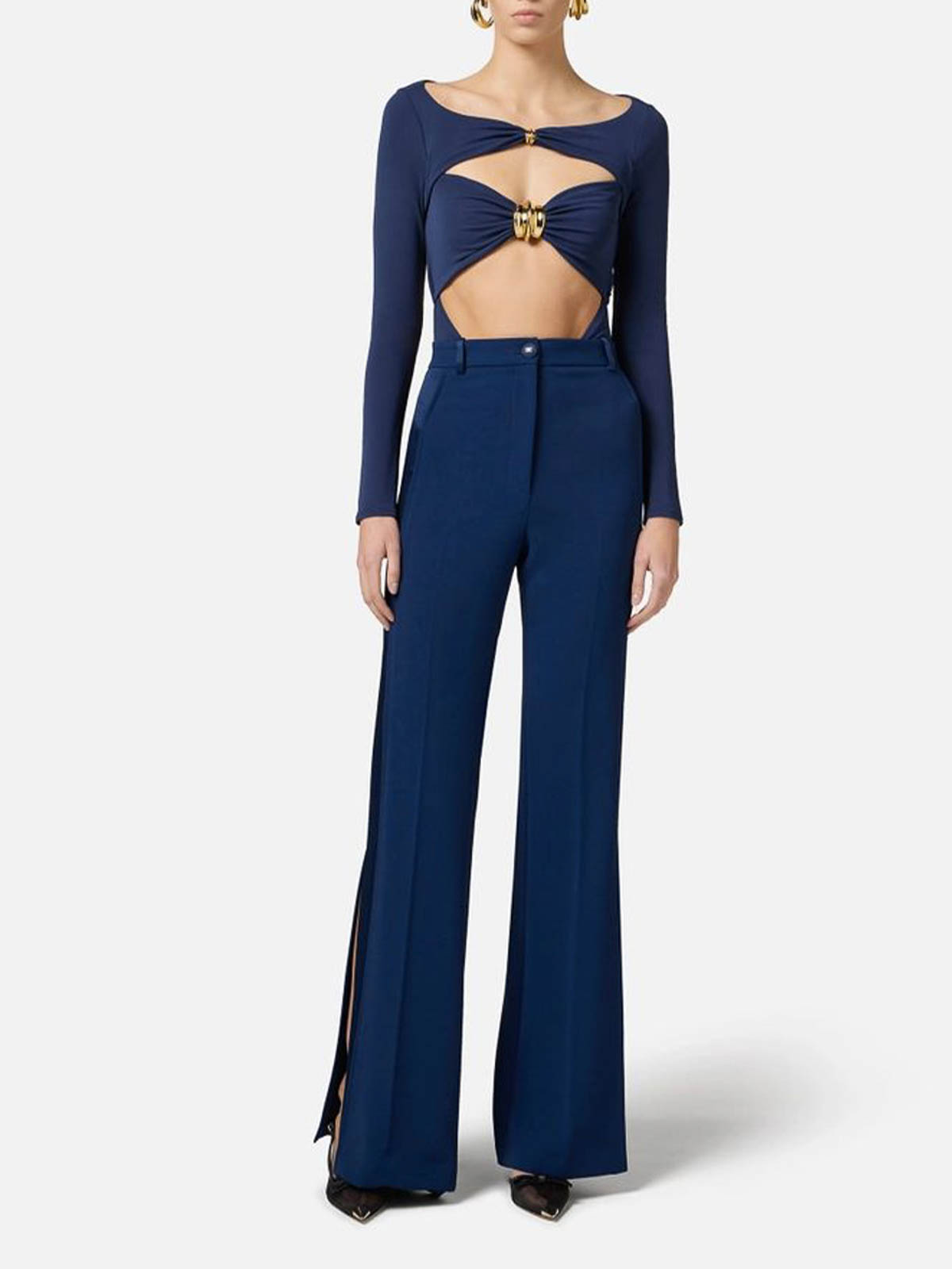 Elisabetta Franchi Bodysuit Cut-out Long Sleeve Stretch Top In Blue