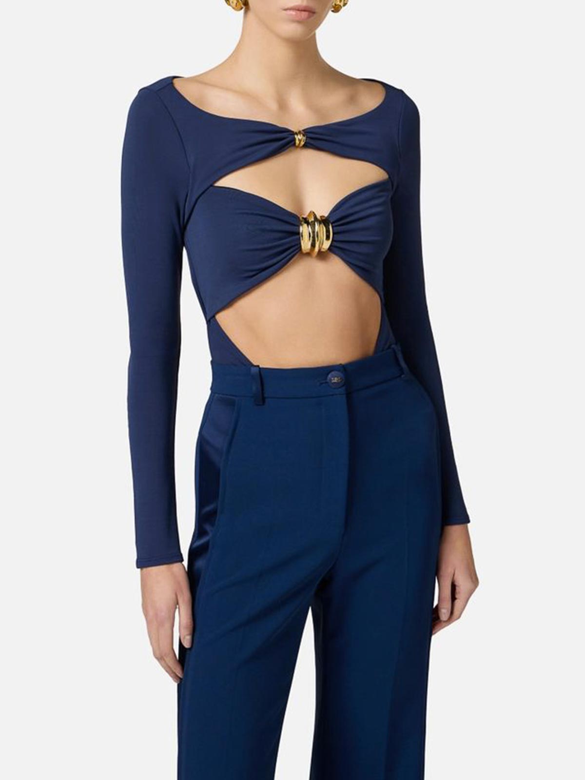 Elisabetta Franchi Bodysuit Cut-out Long Sleeve Stretch Top In Blue
