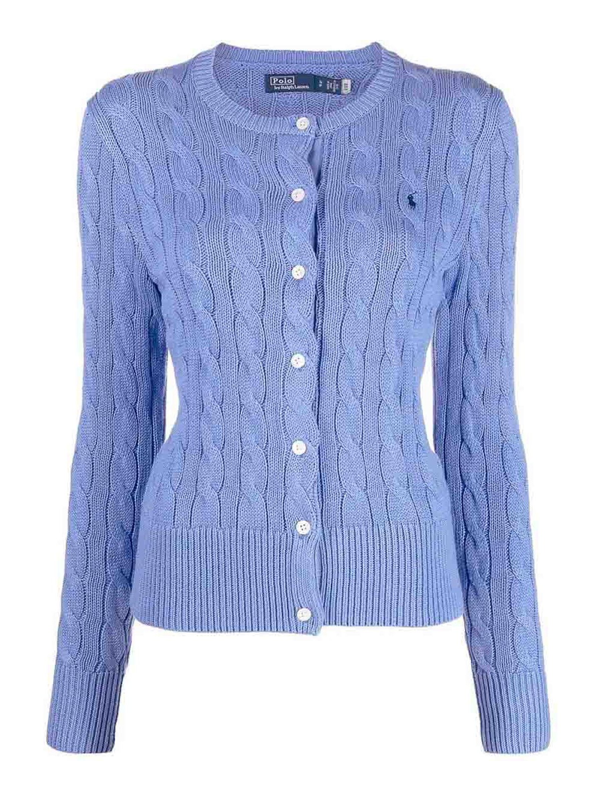 Polo Ralph Lauren Light Blue Cable-knit Cotton Crewneck Cardigan In Blue