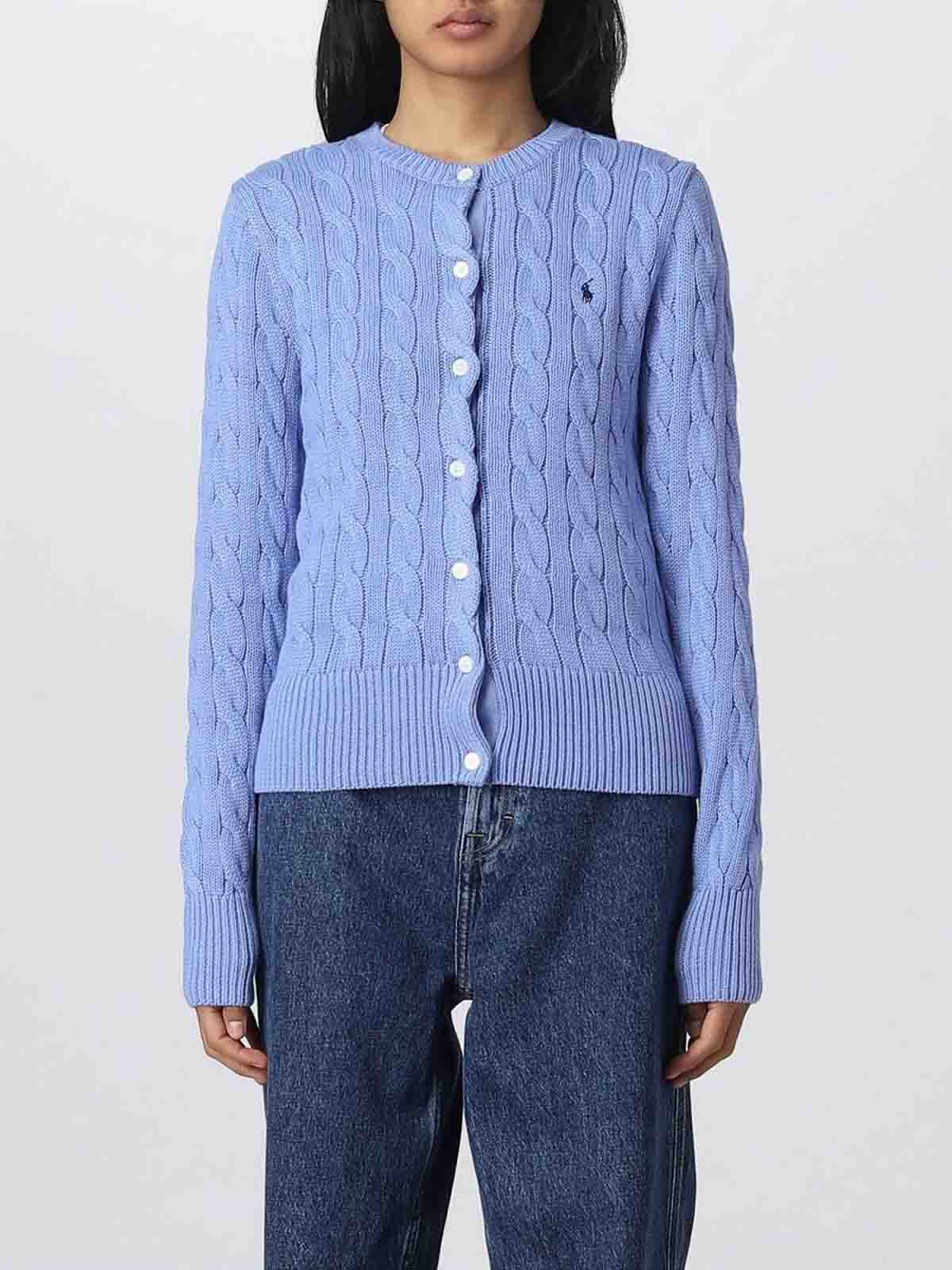 Polo Ralph Lauren Light Blue Cable-knit Cotton Crewneck Cardigan In Blue