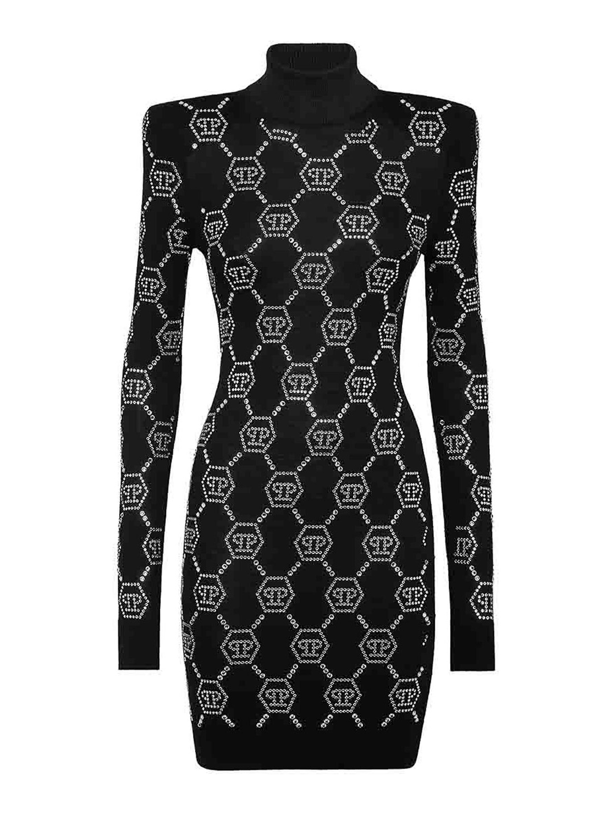 Philipp Plein Turtleneck Long Sleeves Embellished Pattern Dress In Black