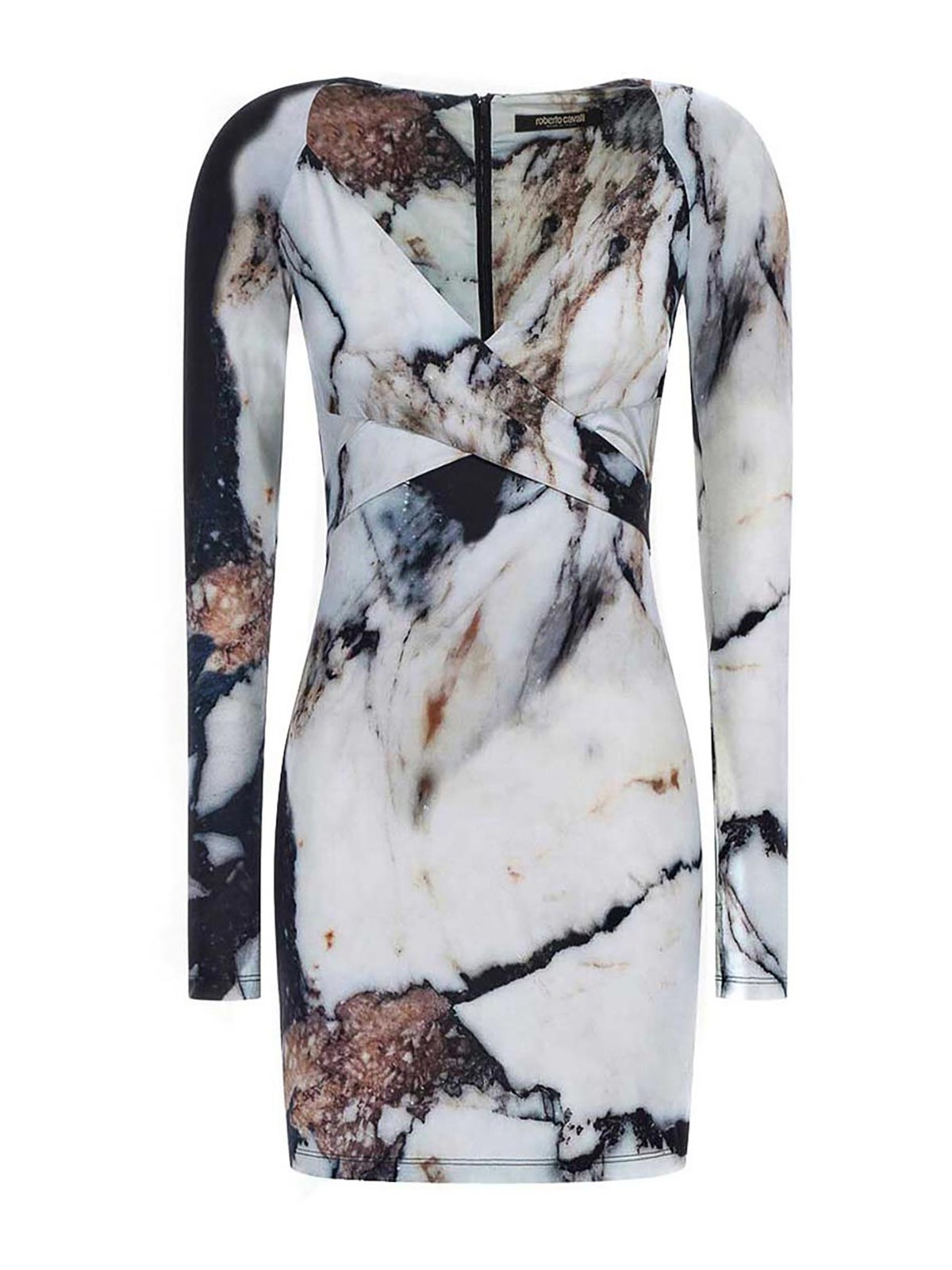 Roberto Cavalli Printed Abstract Fitted Mini V-neck Dress In Multi