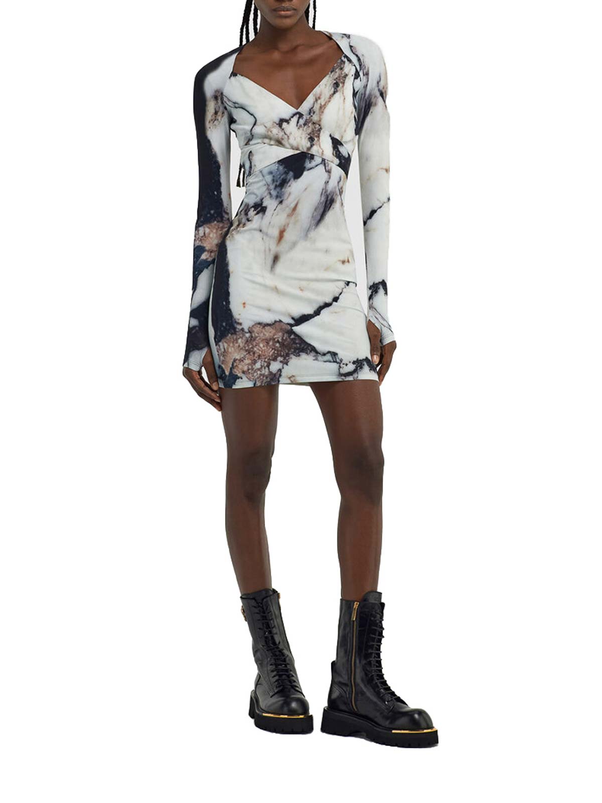 Roberto Cavalli Printed Abstract Fitted Mini V-neck Dress In Multi
