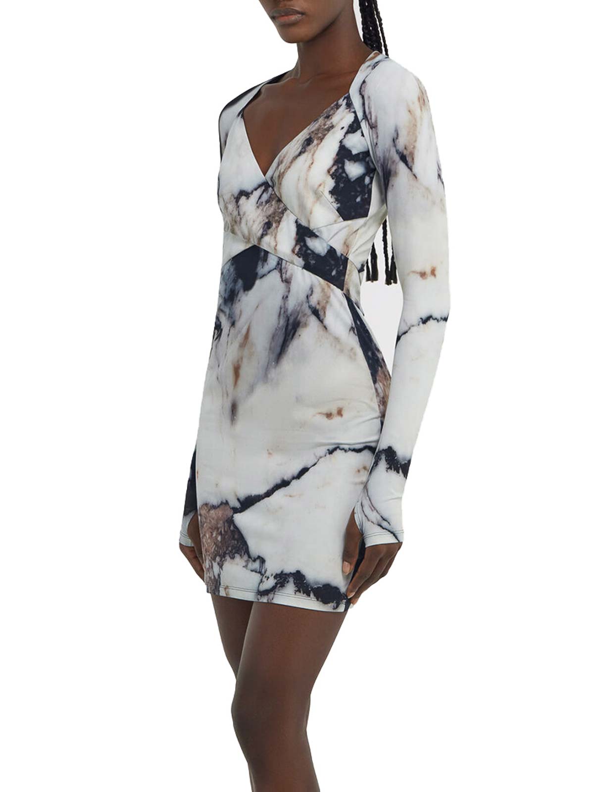Roberto Cavalli Printed Abstract Fitted Mini V-neck Dress In Multi