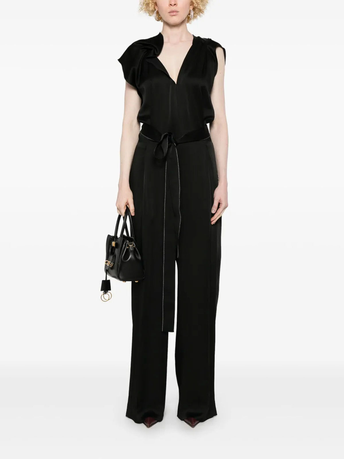 Victoria Beckham Asymmetrical Neck Jumpsuit Belted In Black