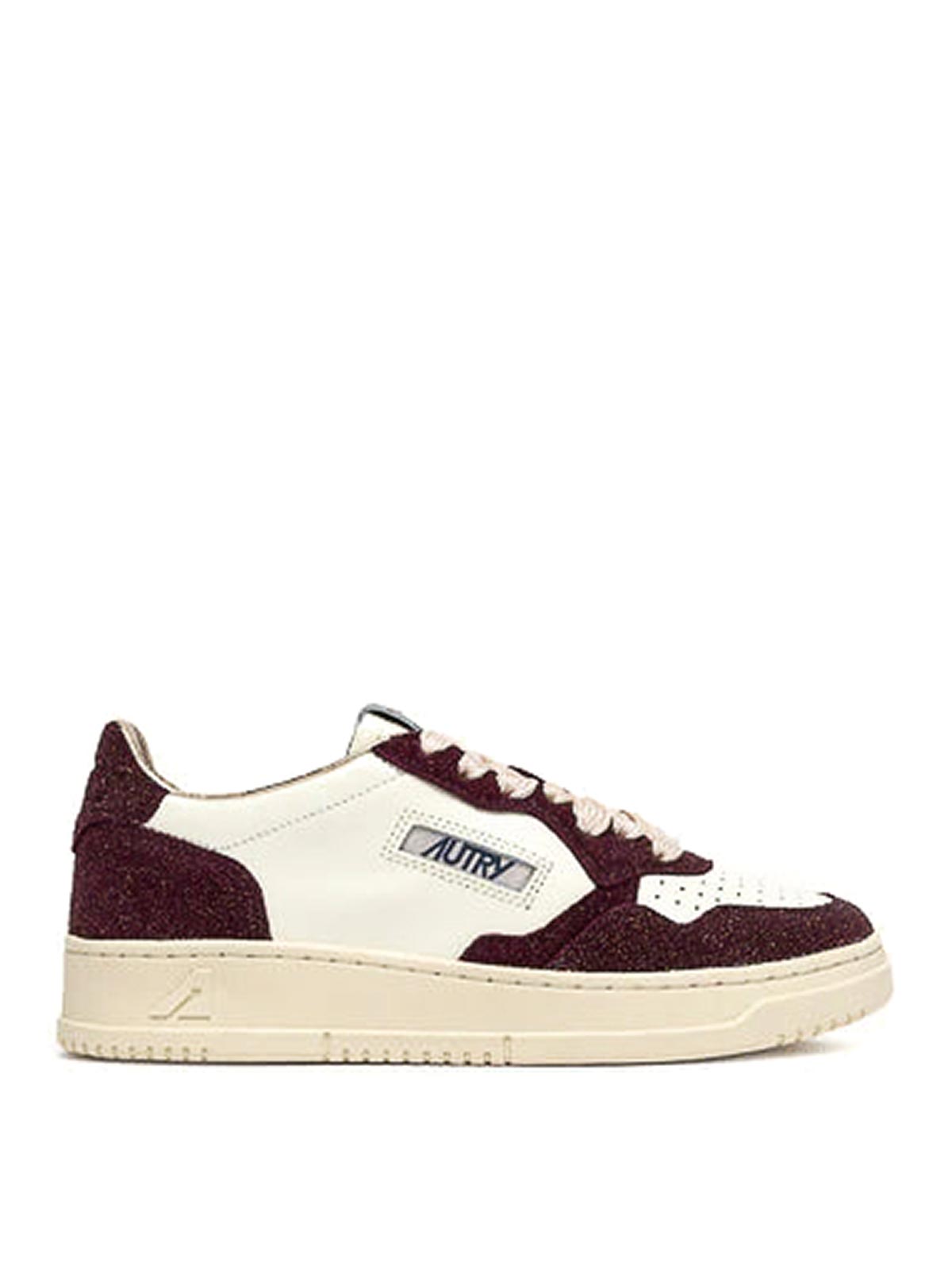 Autry Sneakers Medalist Low In Avory And Burgundy Glittered Leather. In Brown