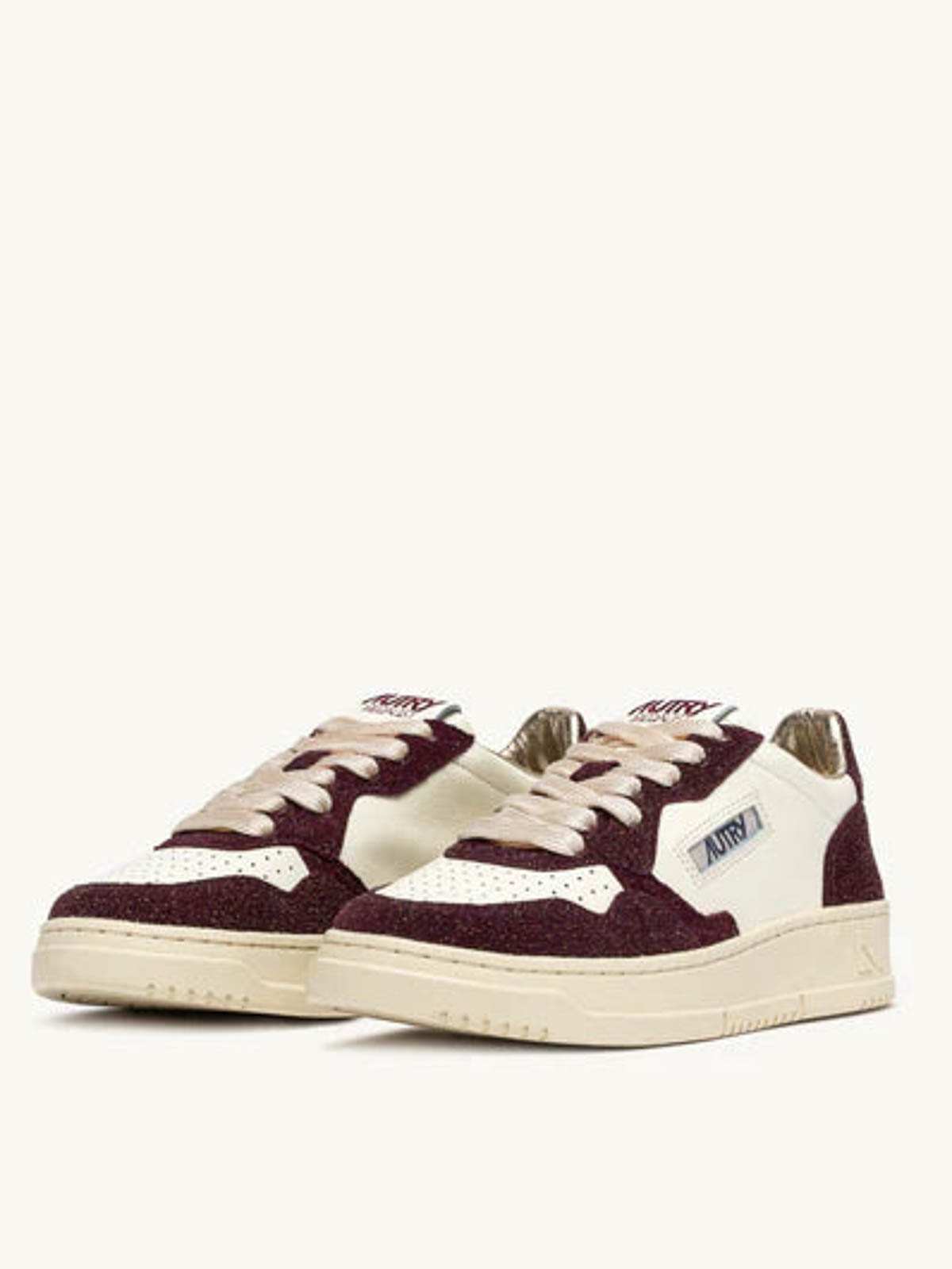 Autry Sneakers Medalist Low In Avory And Burgundy Glittered Leather. In Brown