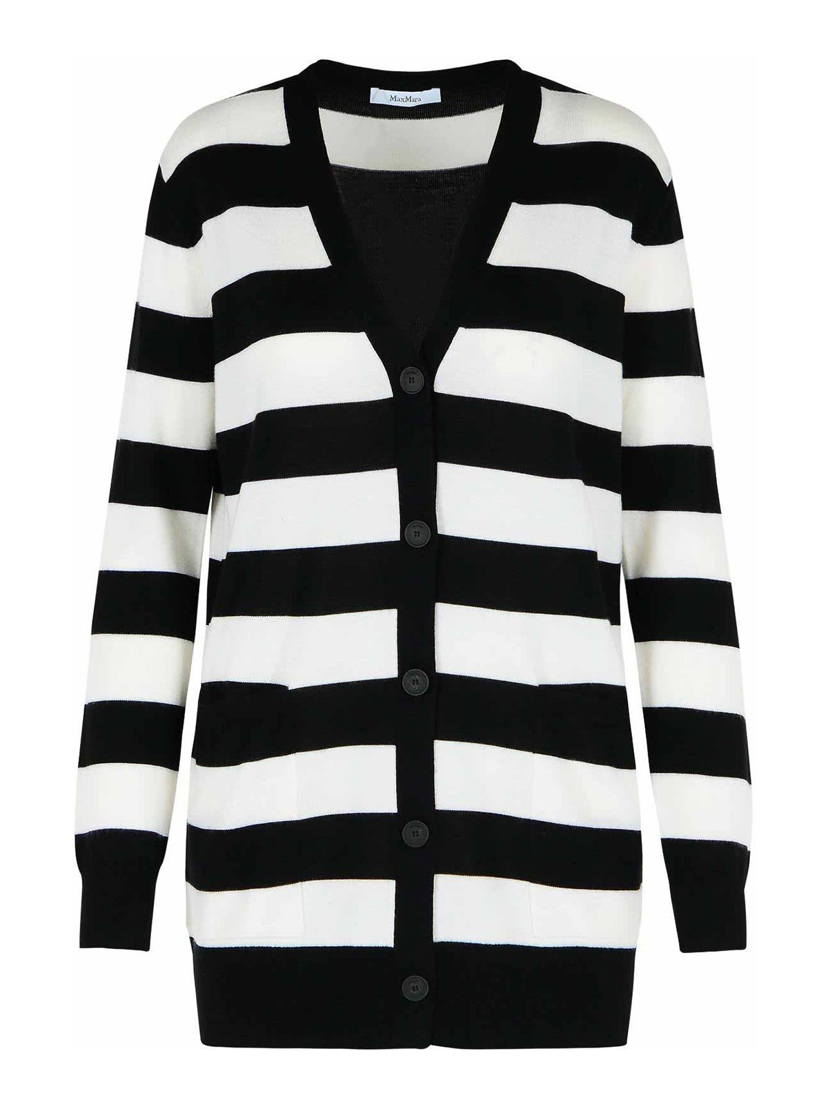 Max Mara Bold Black And White Striped V-neck Sweater With Button-down Front In Black