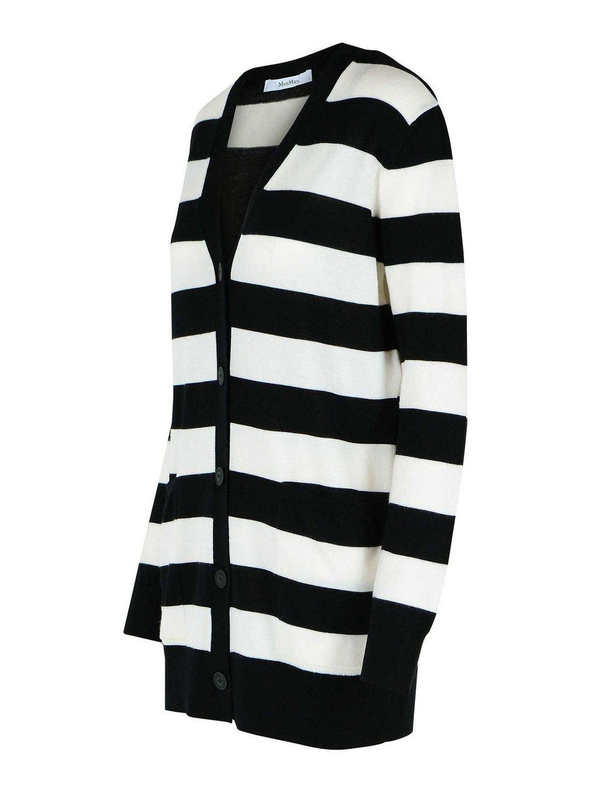 Max Mara Bold Black And White Striped V-neck Sweater With Button-down Front In Black