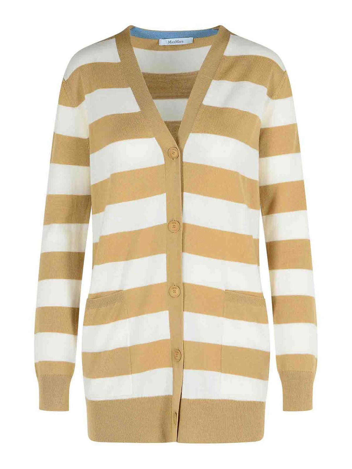Max Mara Fiemme Virgin Wool Sand Cardigan In Blue