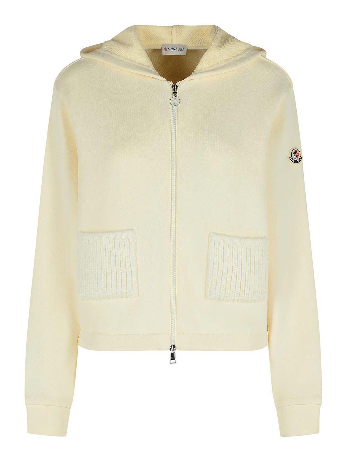 Moncler Zip Up Cream Cotton Blend Sweatshirt In White