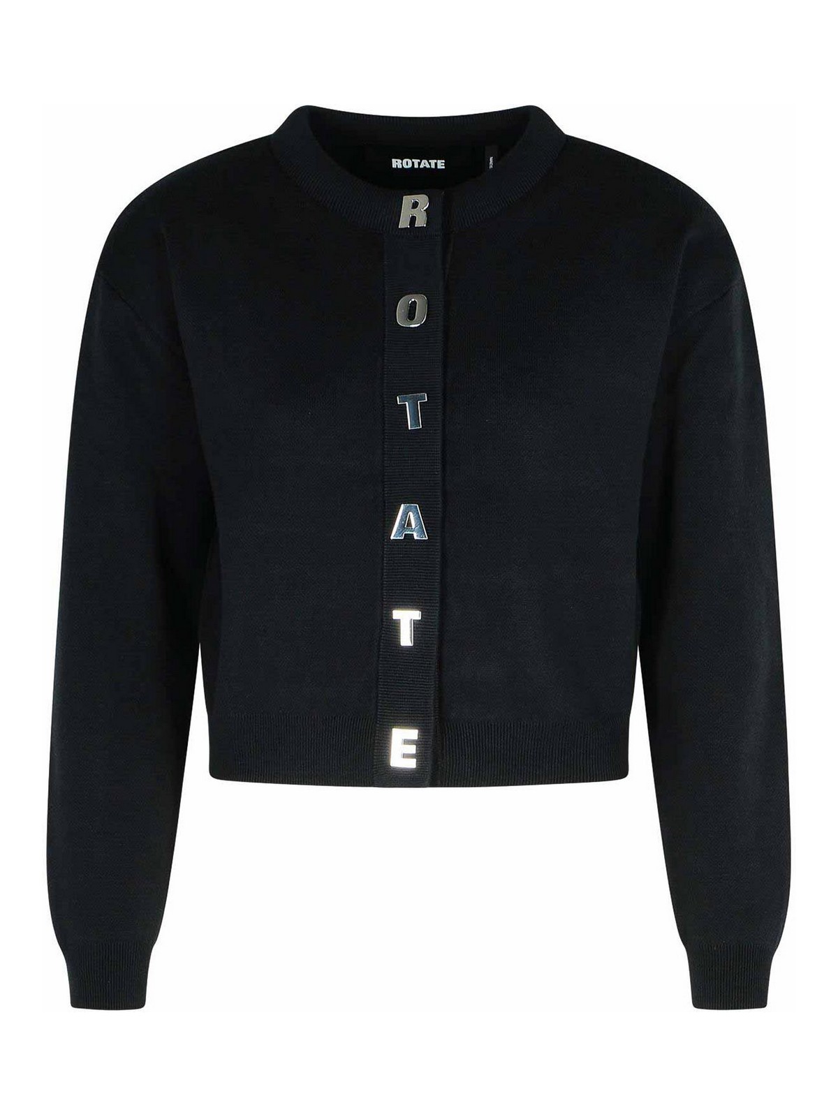 Rotate Birger Christensen Rotate Cropped Black Sweater With Padded Shoulders And Button Embellishments In Black