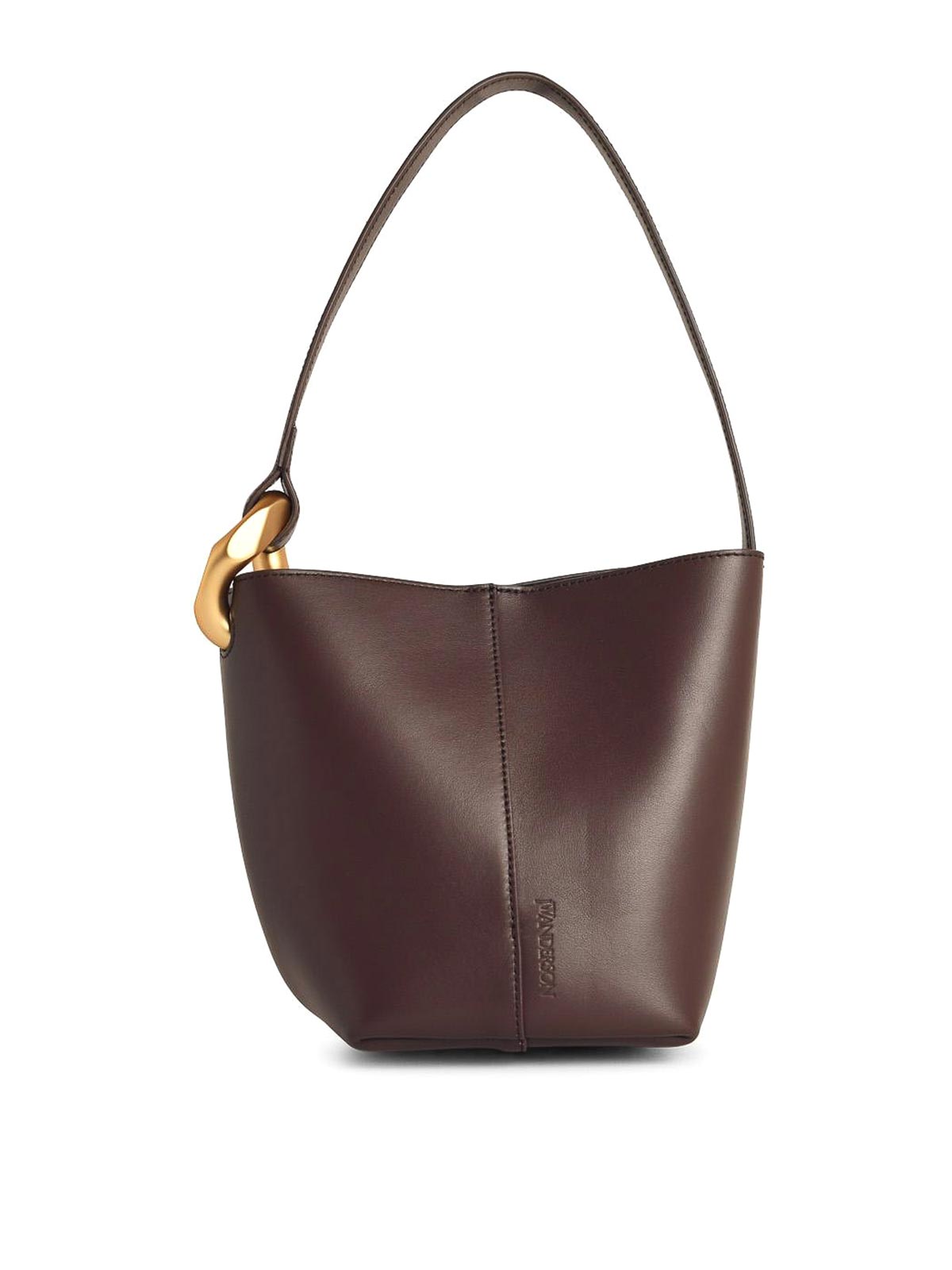 Jw Anderson Corner Small Brown Leather Bucket Bag In Brown