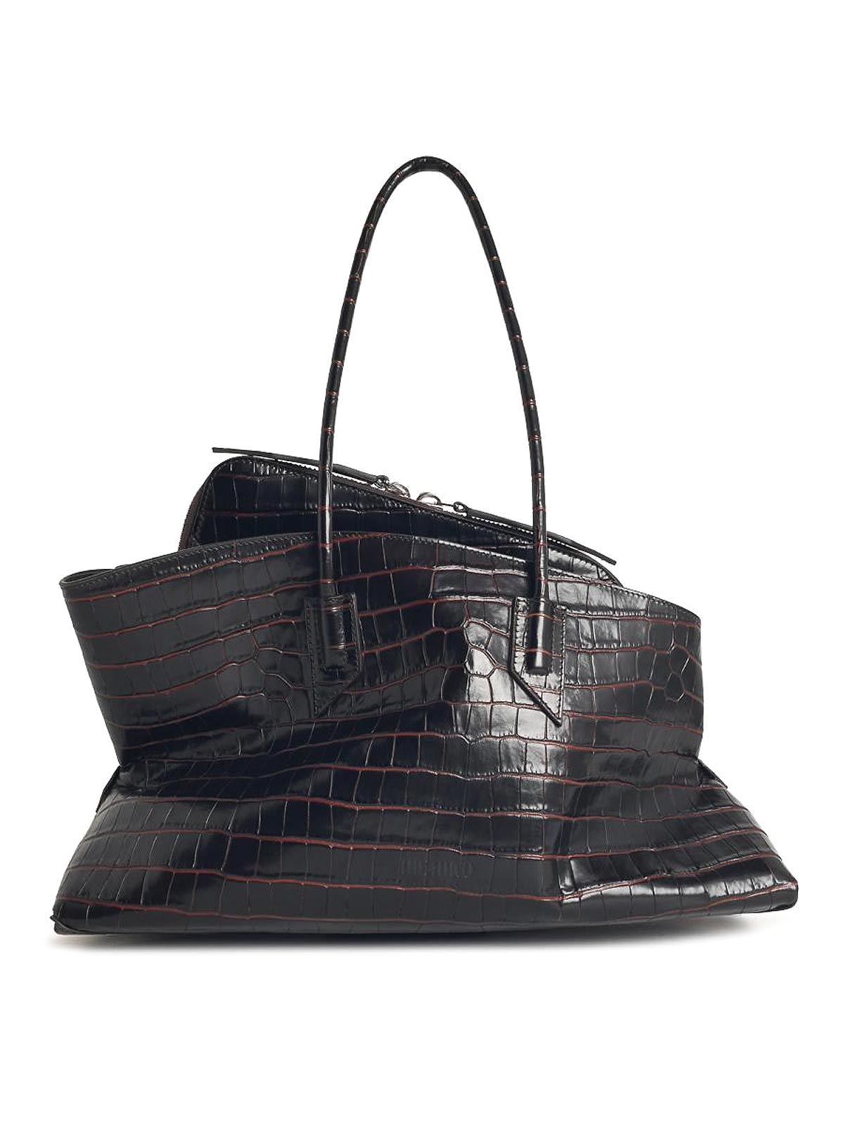 Attico La Passegiata Medium Asymmetric Croc-effect Leather Tote In Black