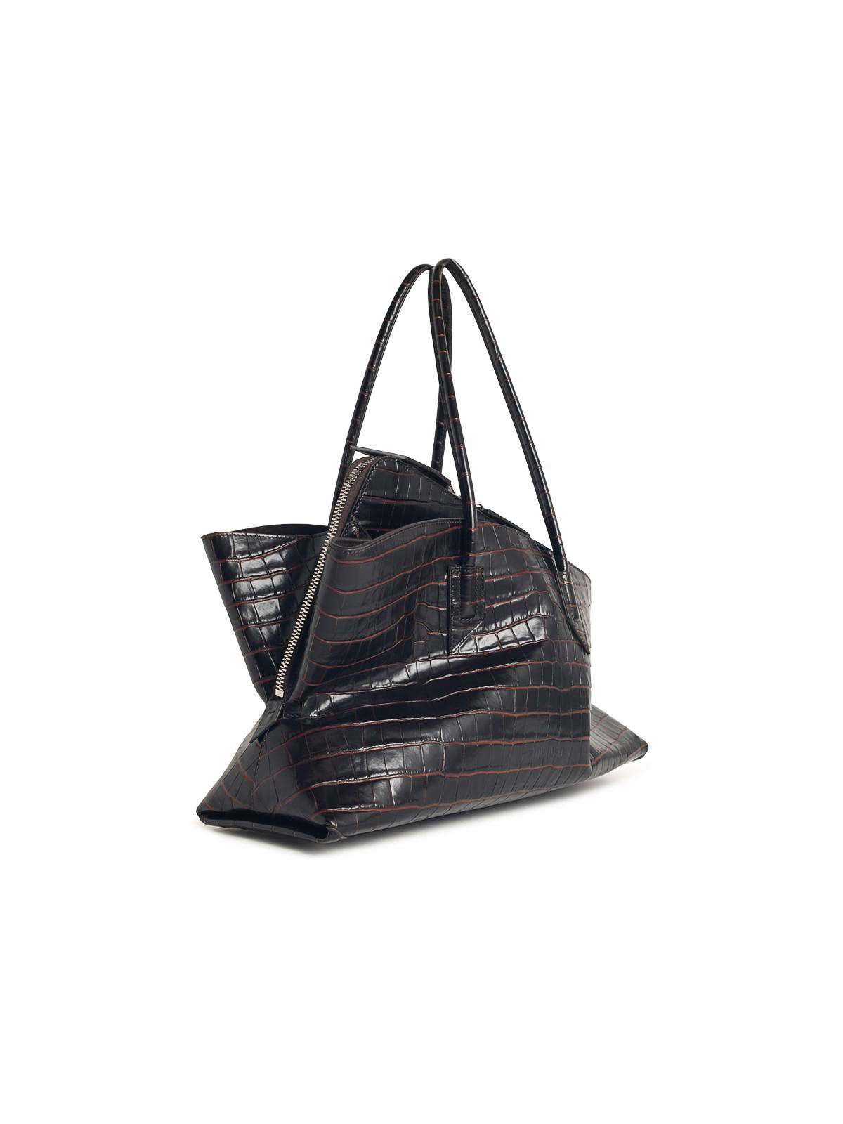Attico La Passegiata Medium Asymmetric Croc-effect Leather Tote In Black