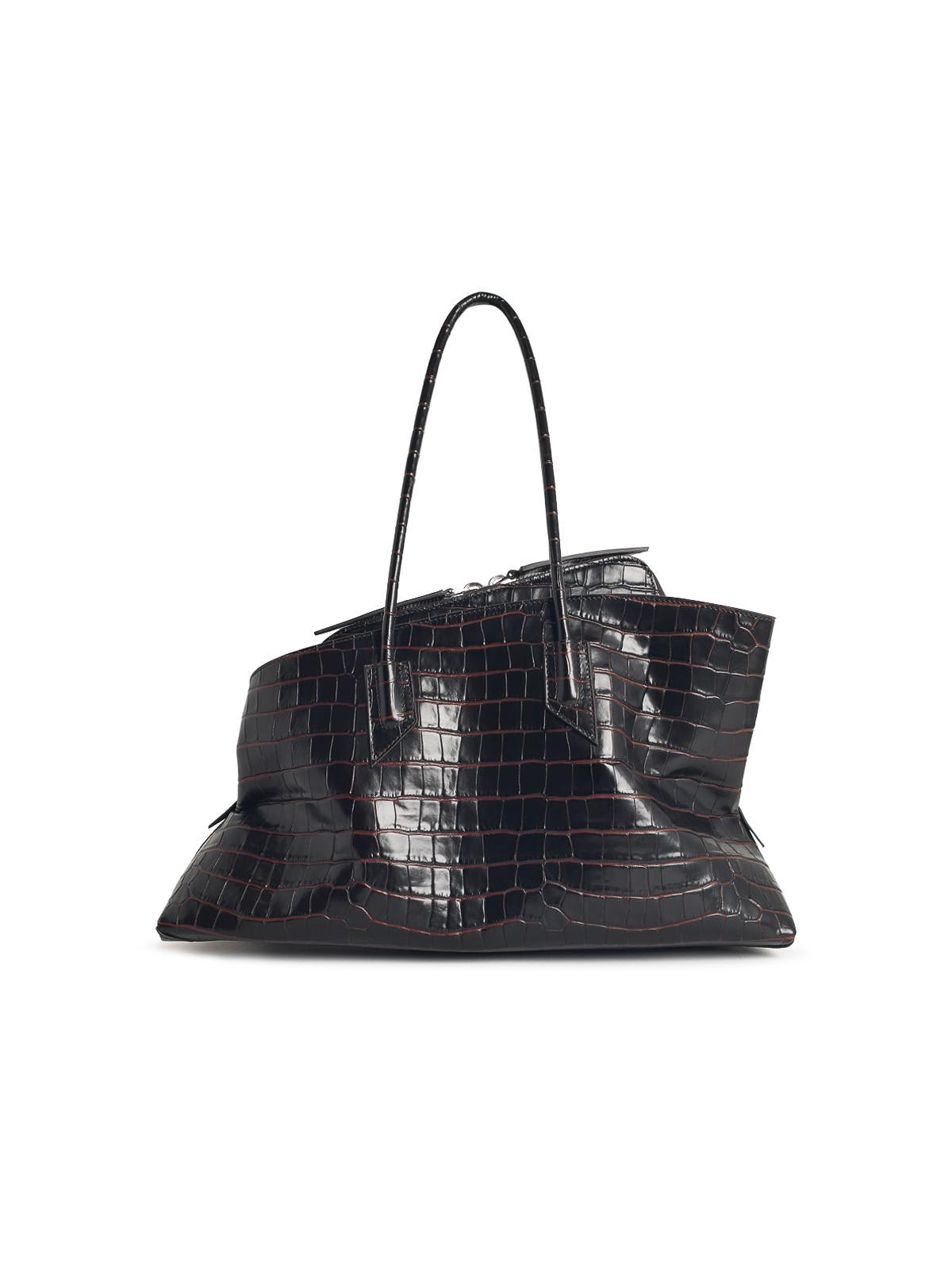 Attico La Passegiata Medium Asymmetric Croc-effect Leather Tote In Black