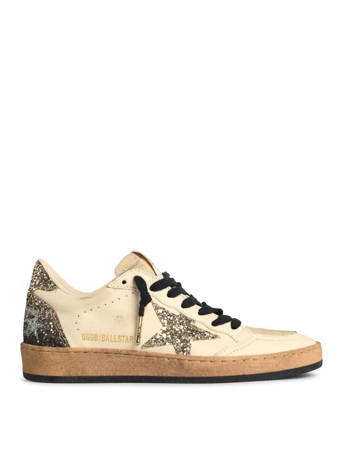 Golden Goose Ball-star White Leather Sneakers With Glitter Star And Heel In Multi