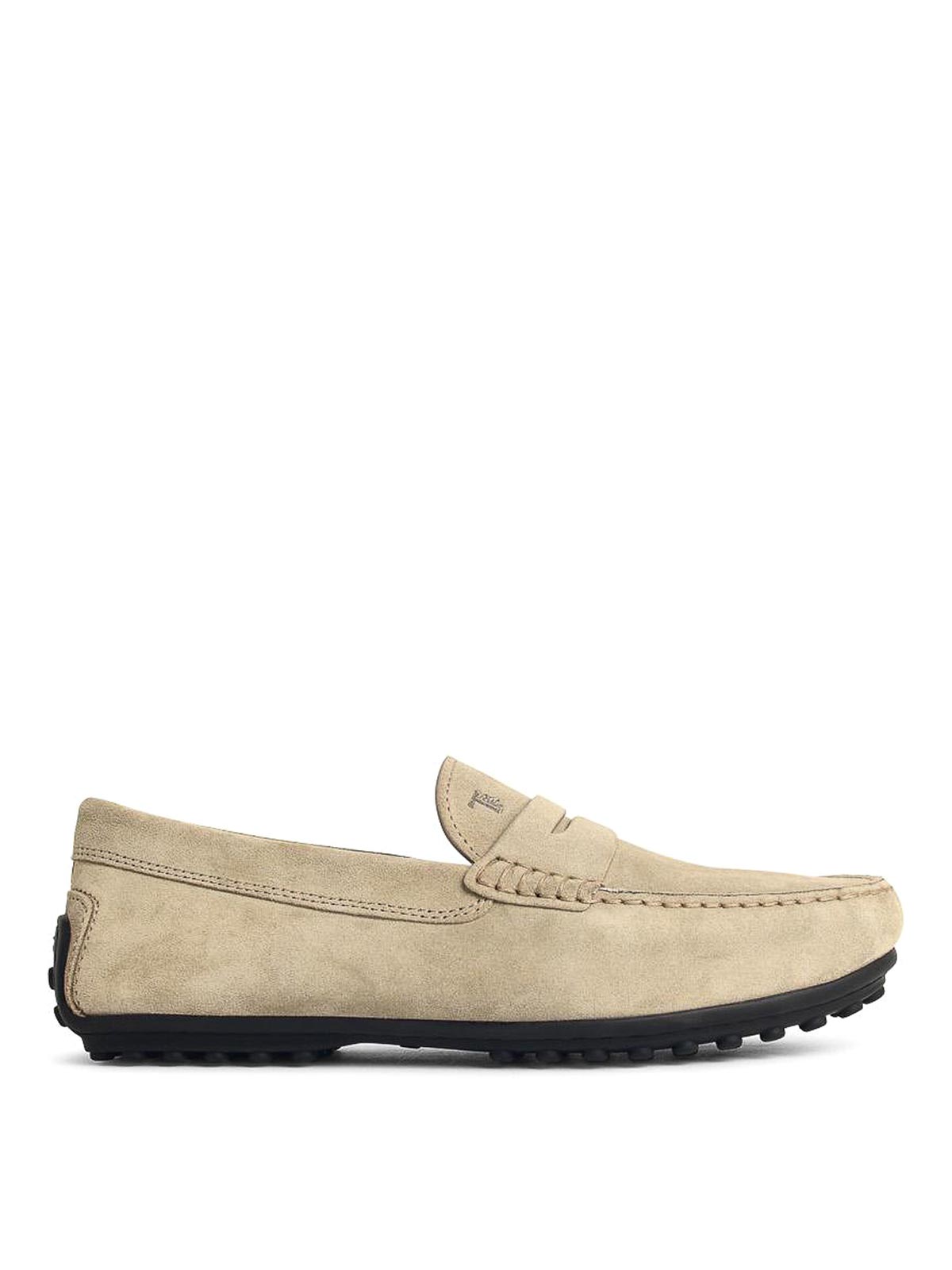 Tod's Suede Loafers With Rubber Sole And Stitch Detailing In Neutral