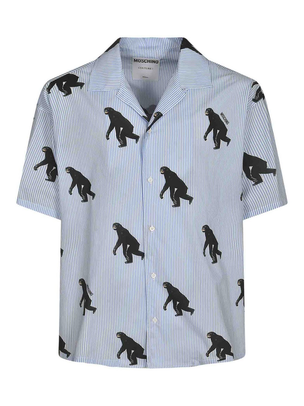 Moschino Poplin Shirt Allover Chimpanzee In Blue