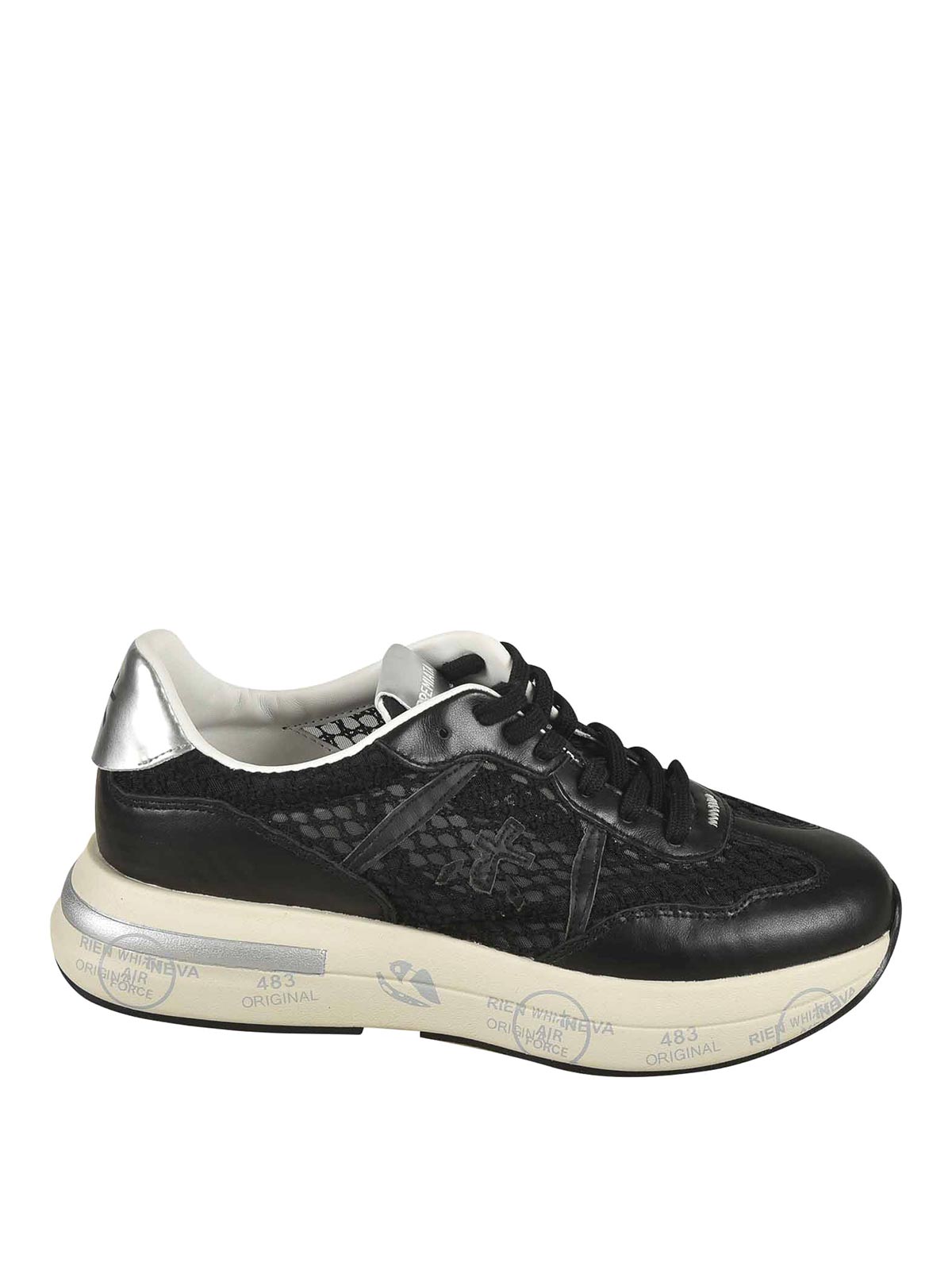 Premiata Textured Leather And Mesh Sneakers With Sole In Black