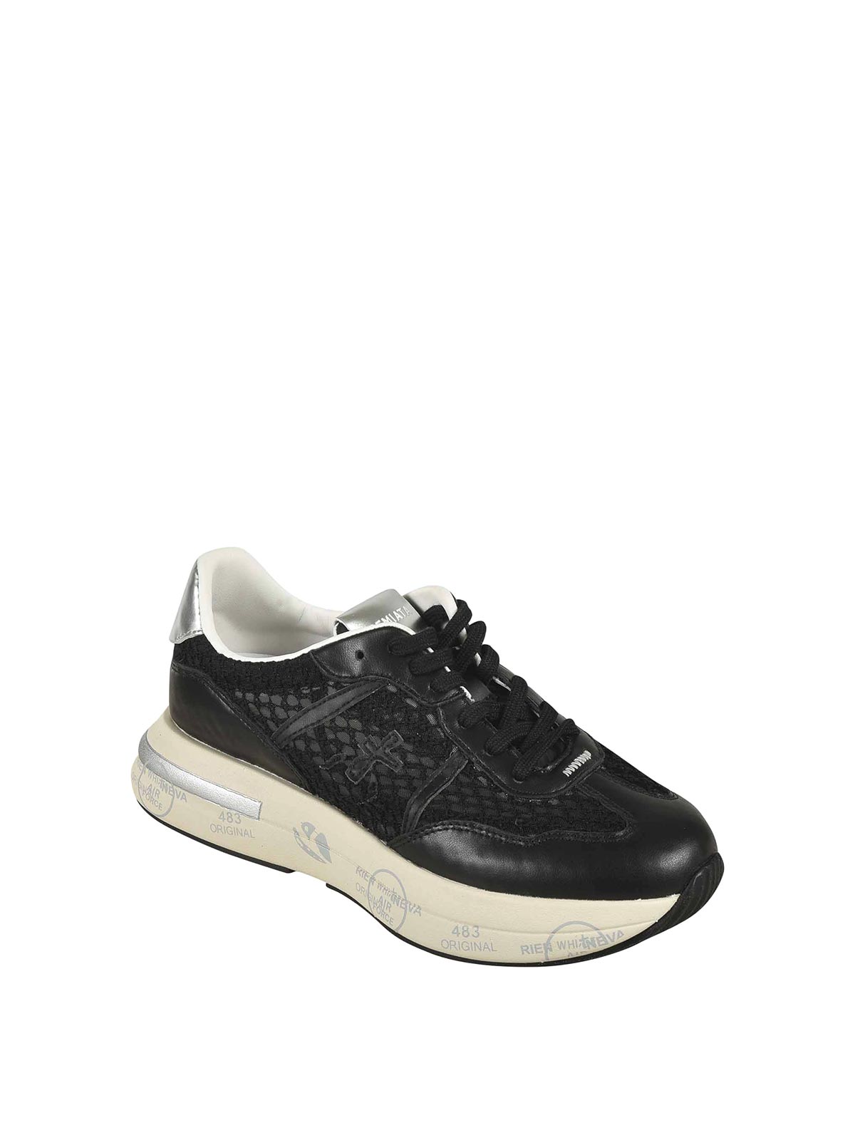 Premiata Textured Leather And Mesh Sneakers With Sole In Black