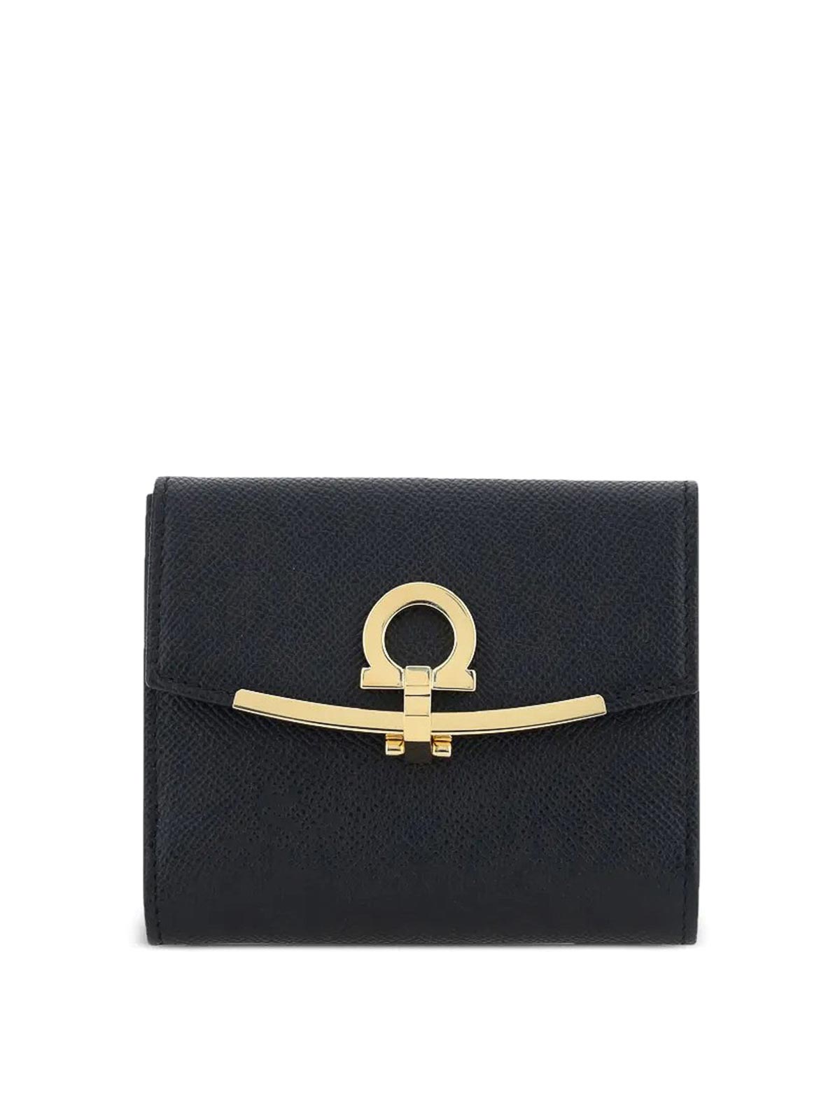 Ferragamo Hammered Leather Gold Gancini Compact Wallet In Sand