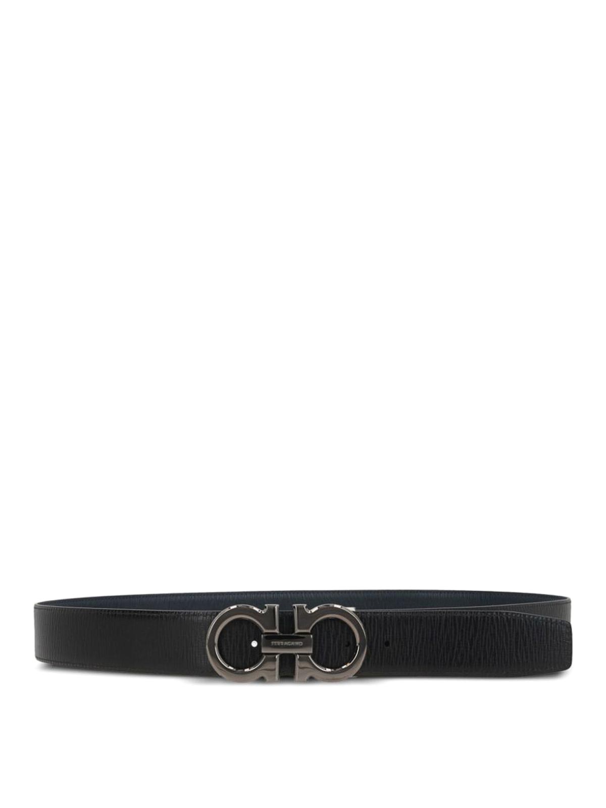 Ferragamo Semi-matt Grained Leather Reversible Belt In Blue