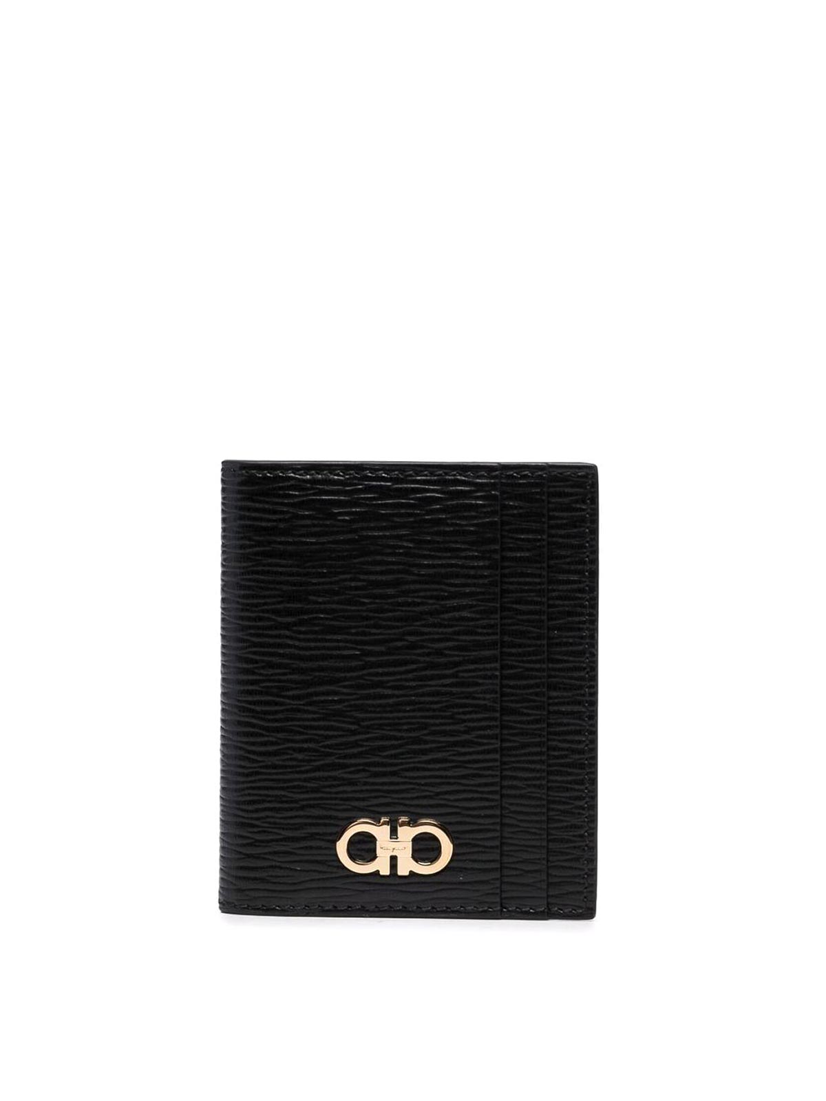 Ferragamo Hammered Leather Gancini Bi-fold Card Holder In Sand