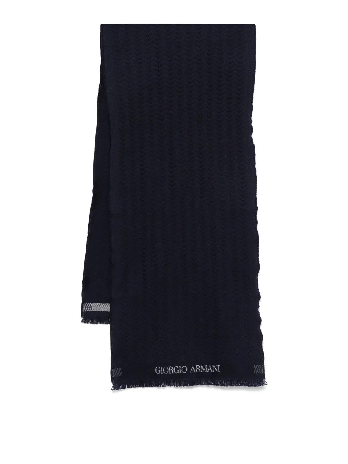 Giorgio Armani Herringbone Pattern Wool Fringed Scarf In Blue