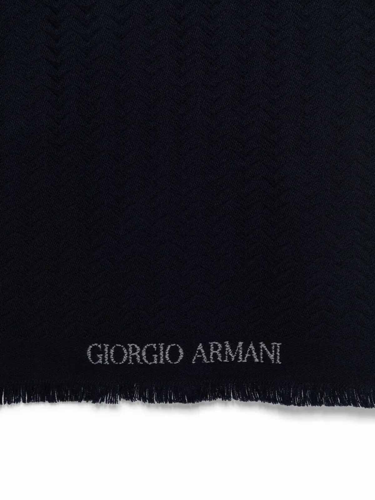 Giorgio Armani Herringbone Pattern Wool Fringed Scarf In Blue