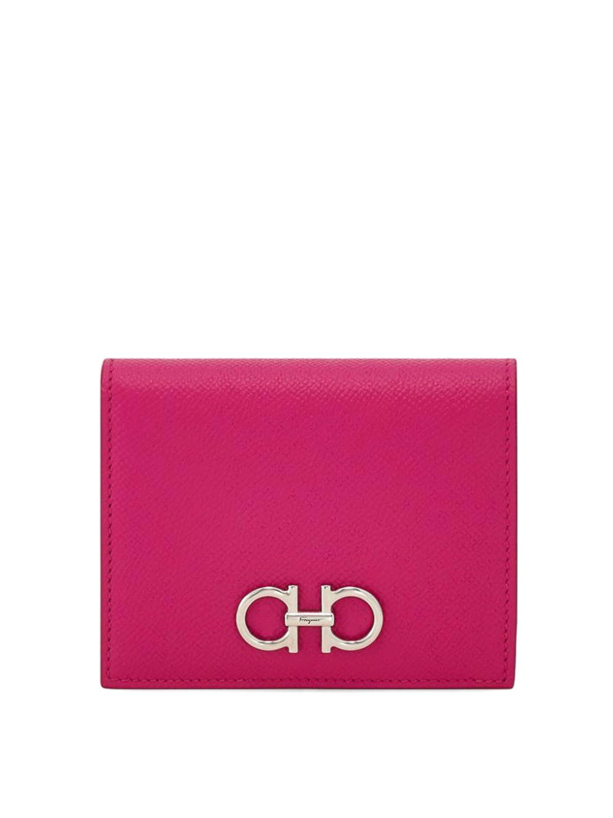 Ferragamo Grained Leather Gancini Compact Wallet In Nude