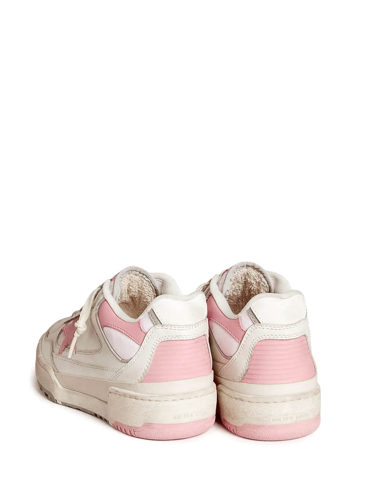 Golden Goose Forty2 Distressed Finish Leather And Fabric Sneakers With Pink Star In White