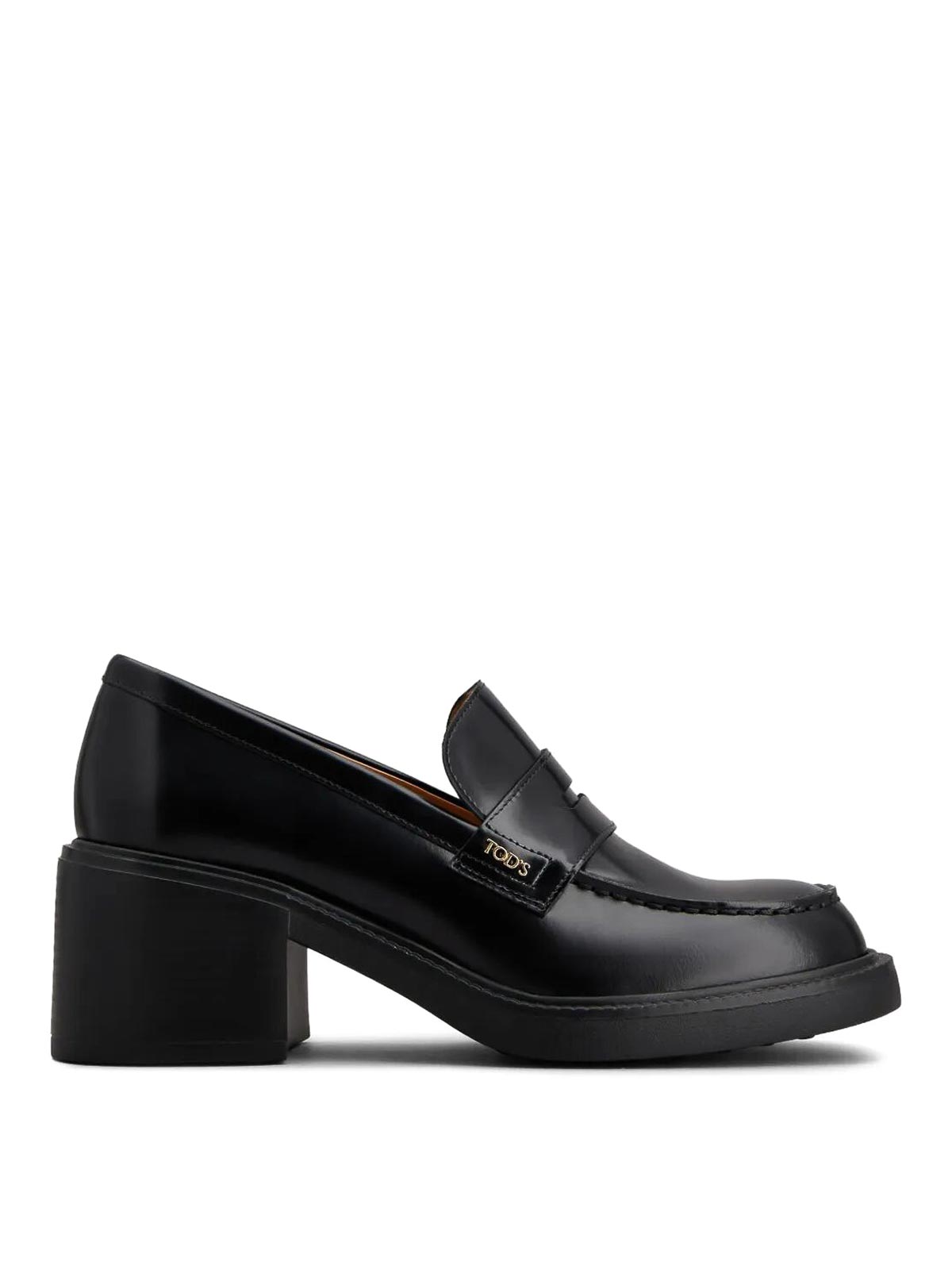 Tod's Black Loafers With Penny Slot And Logo Lettering On The Side In Black