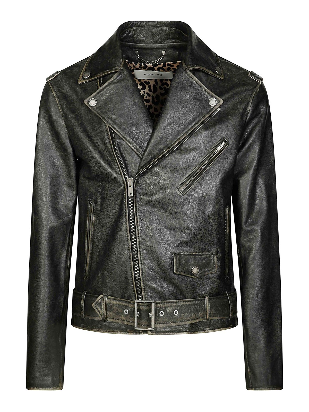Golden Goose Men Black Biker Jacket With Notched Revers And Leopard Lining In Leather Man In Black
