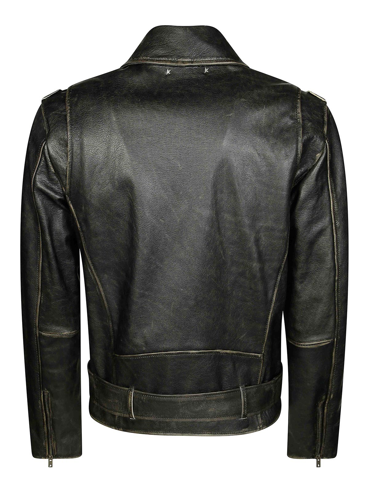 Golden Goose Men Black Biker Jacket With Notched Revers And Leopard Lining In Leather Man In Black
