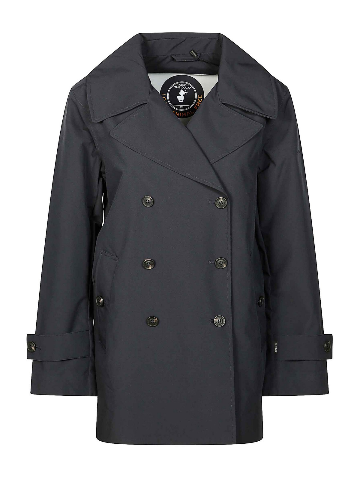 Save The Duck Double-breasted Black Trench Coat With Tailored Silhouette In Blue