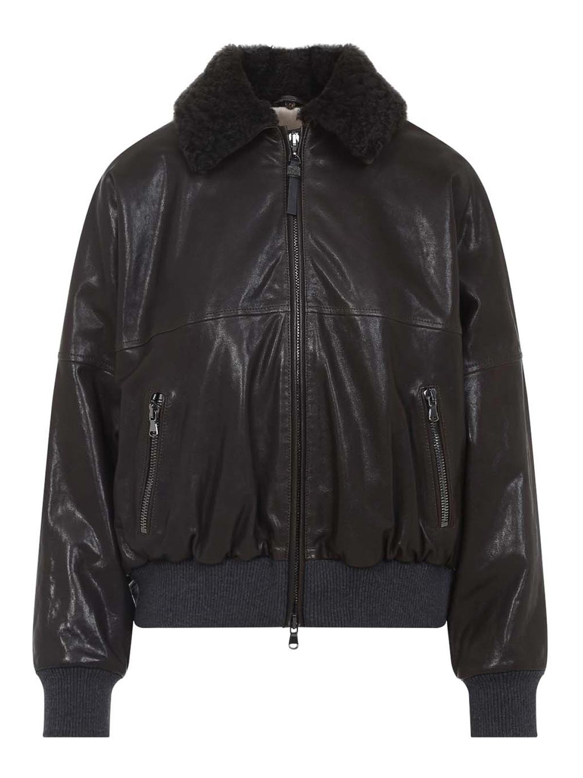 Brunello Cucinelli Shearling Collar Leather Jacket In Black