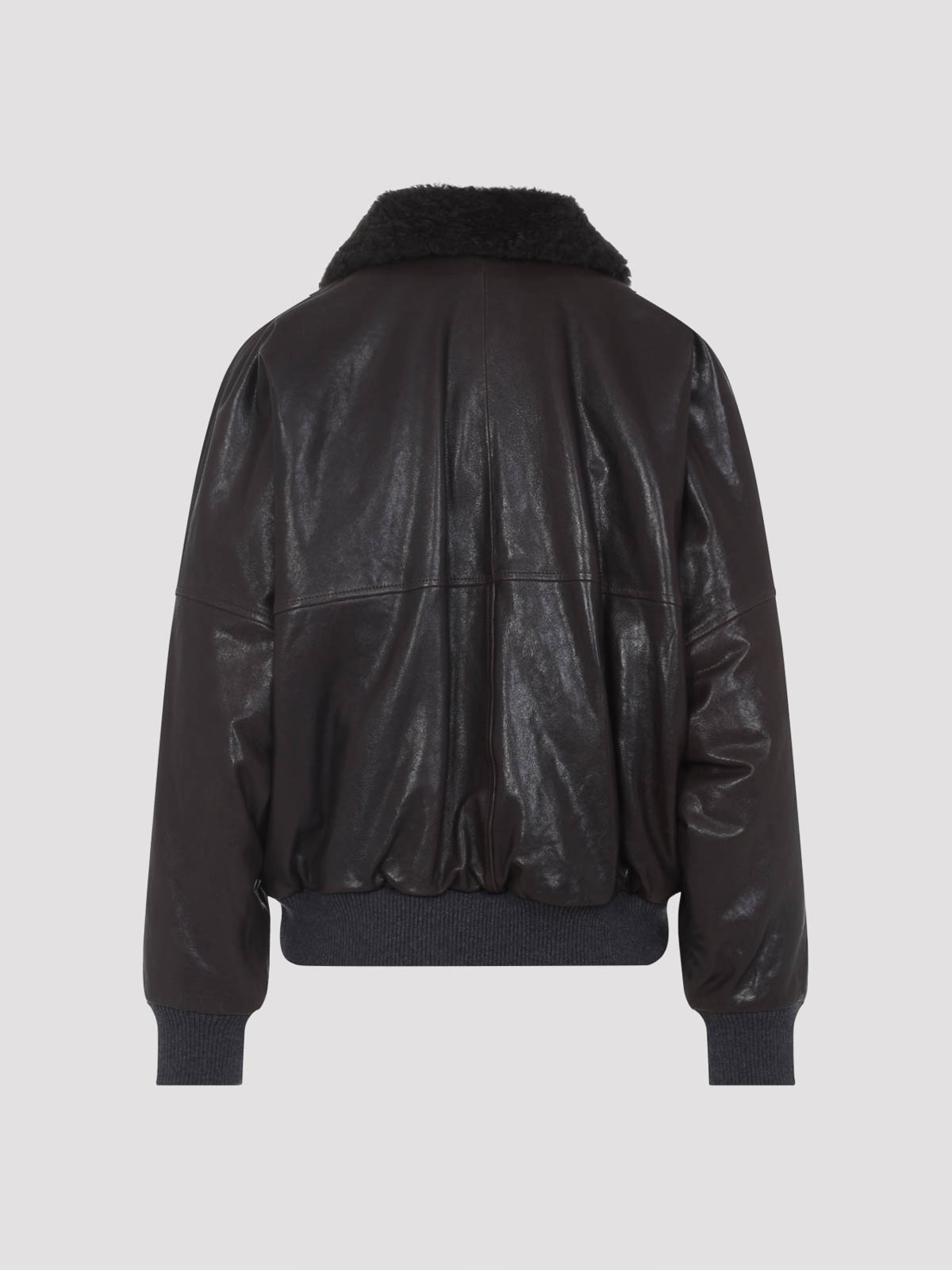 Brunello Cucinelli Shearling Collar Leather Jacket In Black